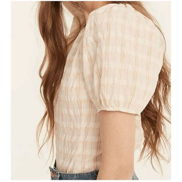 J. Crew Tops - J Crew Women's V Back Puff Sleeve Textured Plaid Top Blouse Size 2 NWT